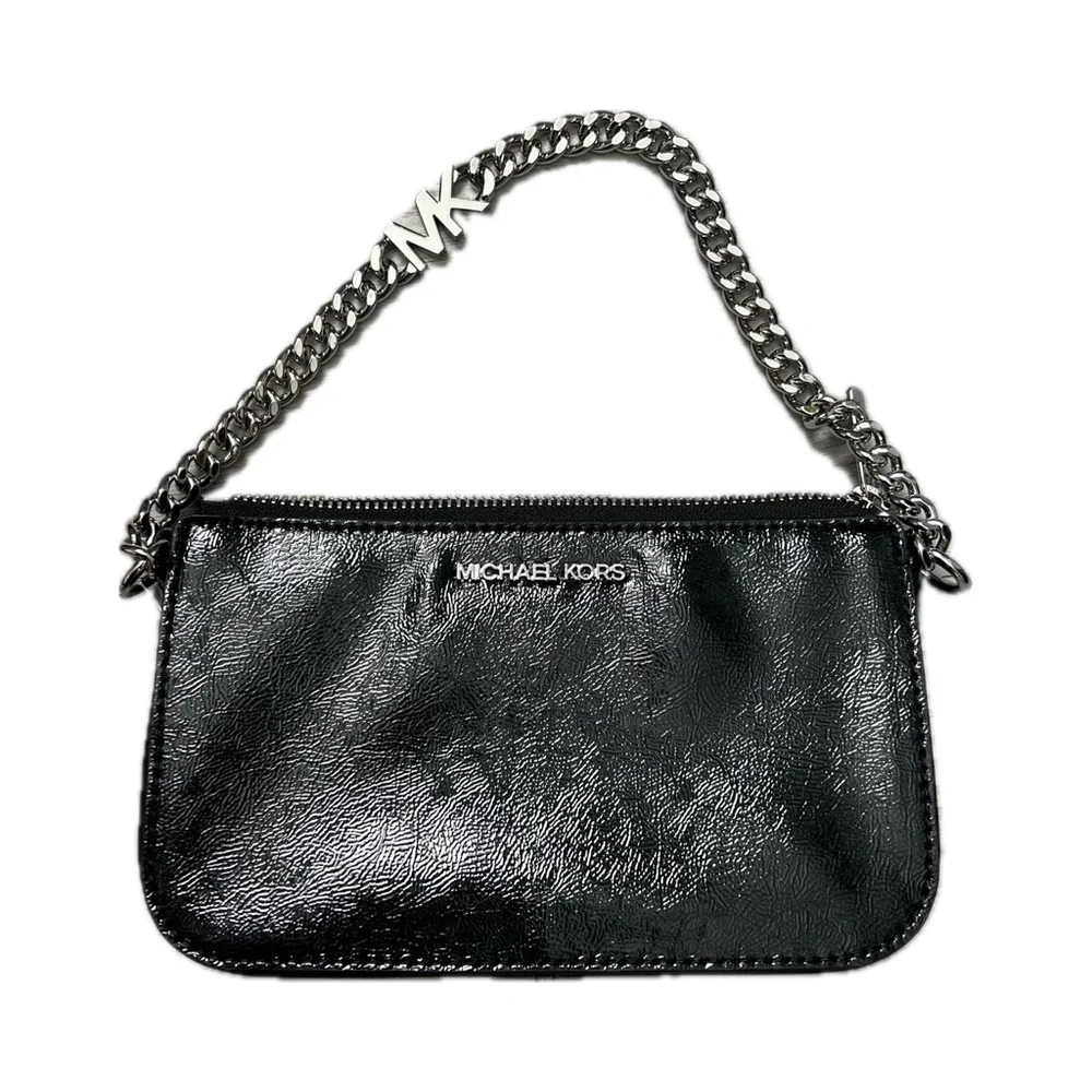NEW MICHAEL KORS Patent. Pochette Black Logo Chain Bag